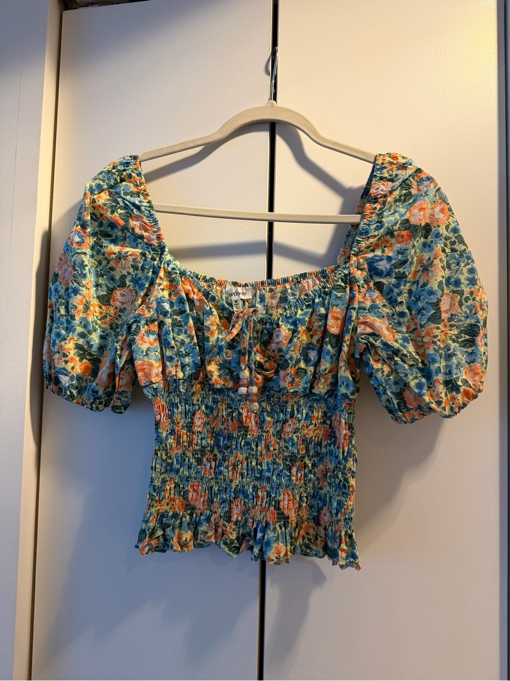 Heartloom Teal Floral Smocked Puff-Sleeve Crop Top